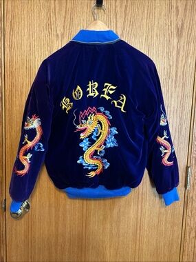 Vintage Velvet Bomber Dragon Embroidered Jacket XS Purple Blue Streetwear Korea